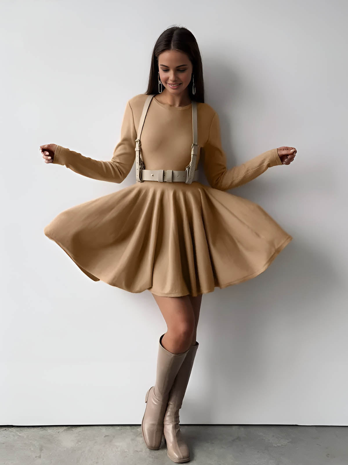 Elegant Cream Long Sleeve Skater Dress