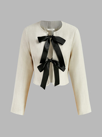 Elegant White Tweed Blazer with Black Satin Bows