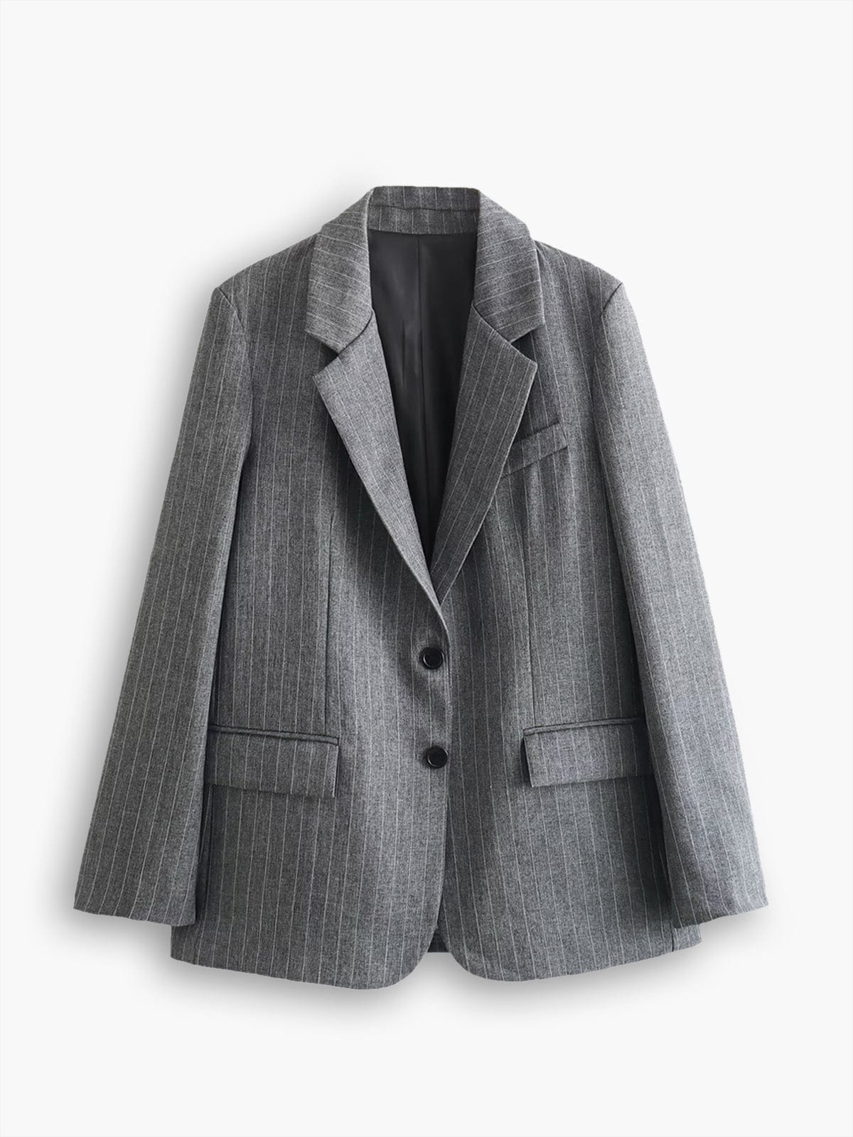 Classic Oversized Gray Pinstripe Blazer with Two Buttons