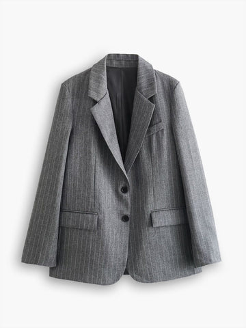 Classic Oversized Gray Pinstripe Blazer with Two Buttons