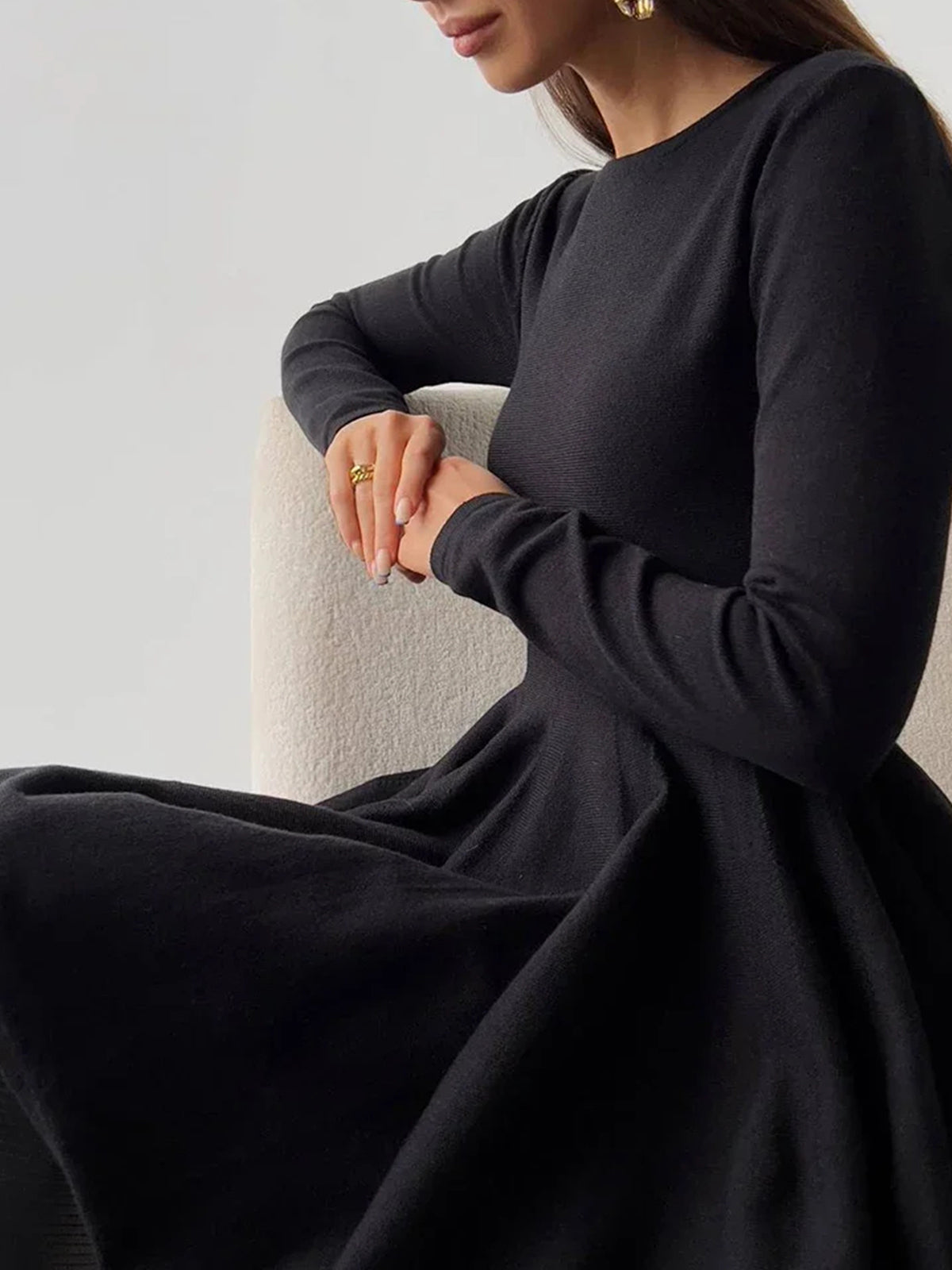 Elegant Cream Long Sleeve Skater Dress