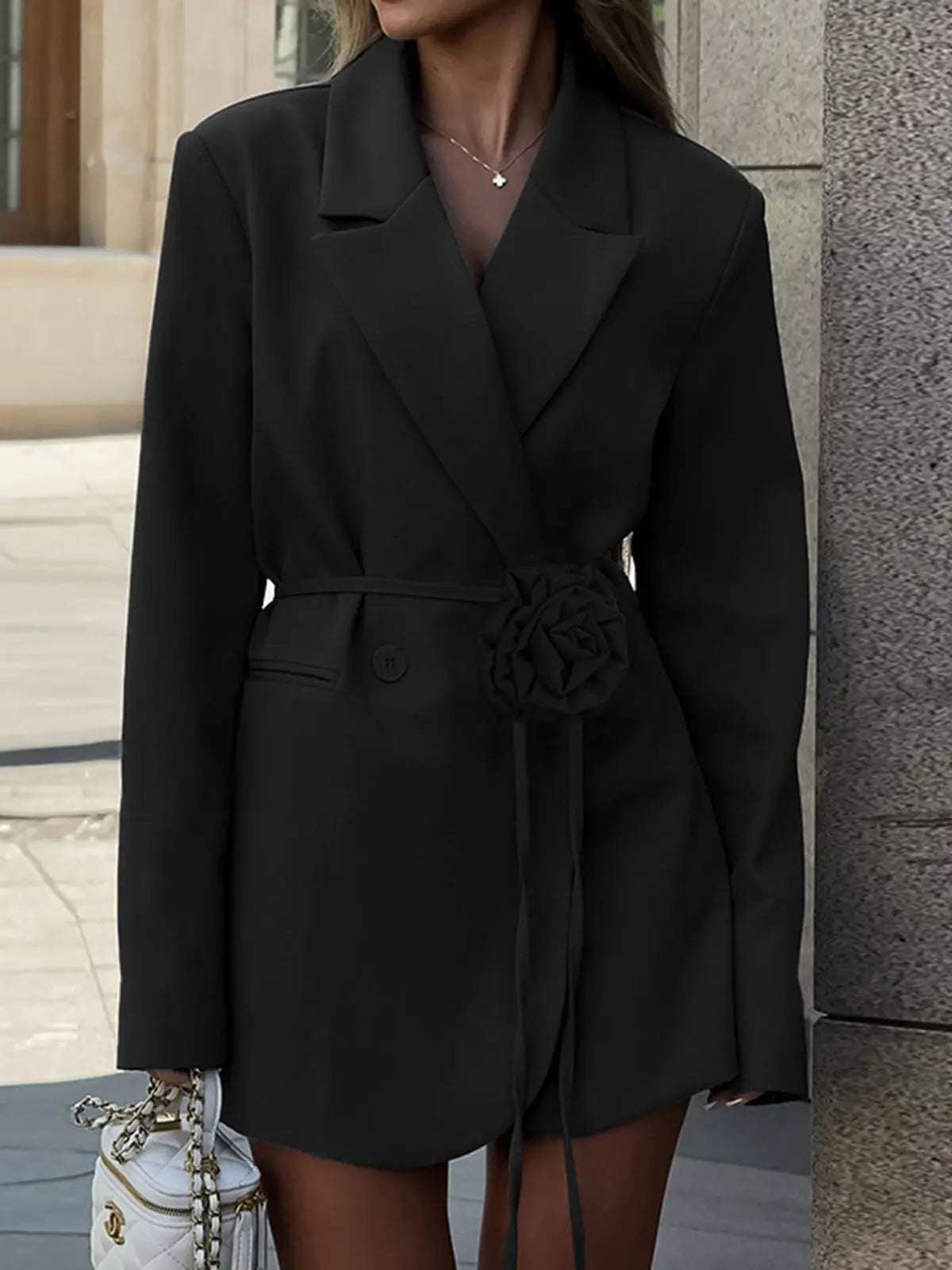 Elegant Blazer with Waist Belt and Rose Detail