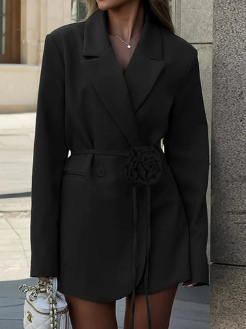 Elegant Blazer with Waist Belt and Rose Detail