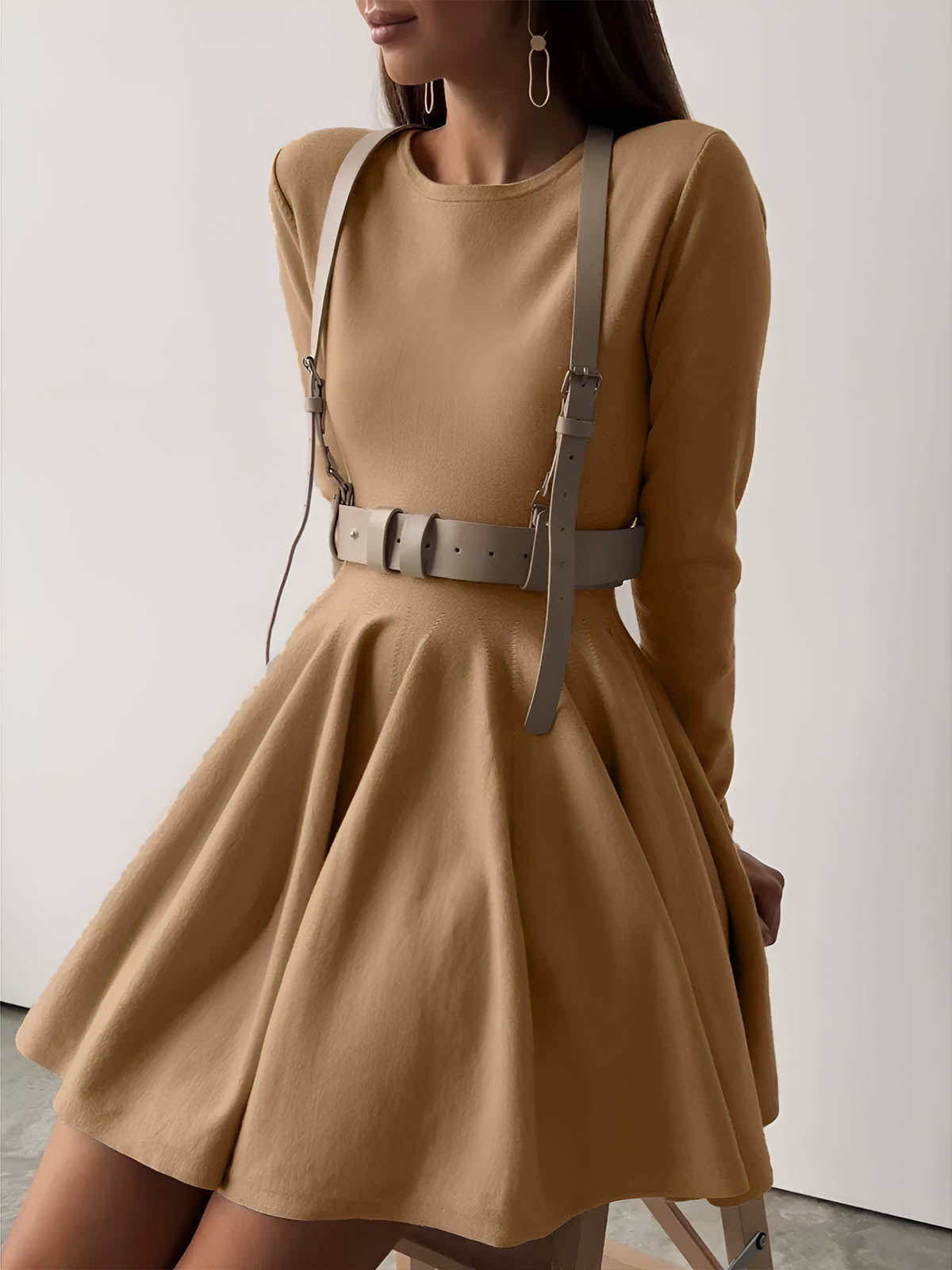 Elegant Cream Long Sleeve Skater Dress