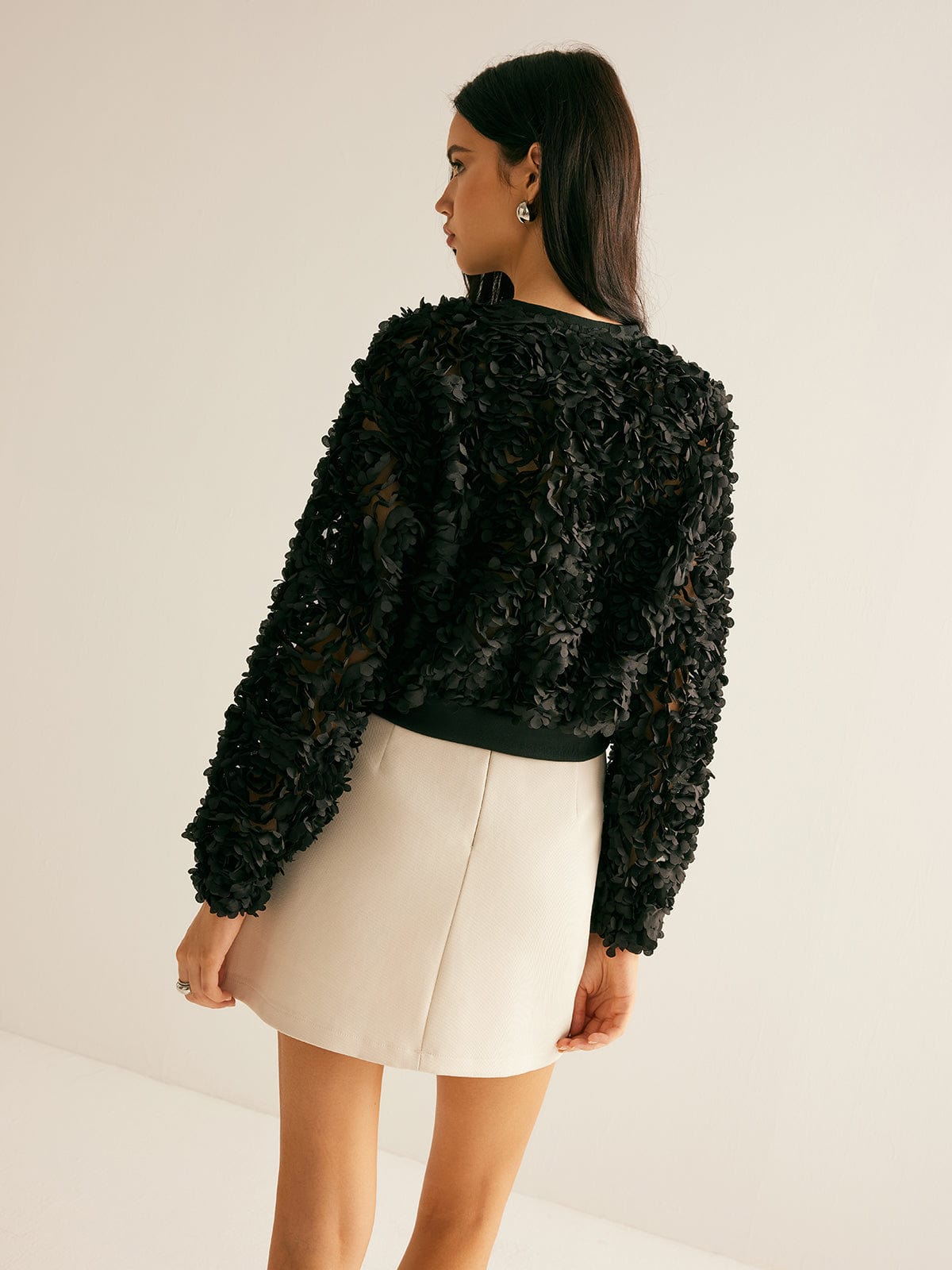 Black Floral Textured Short Blazer with Zipper