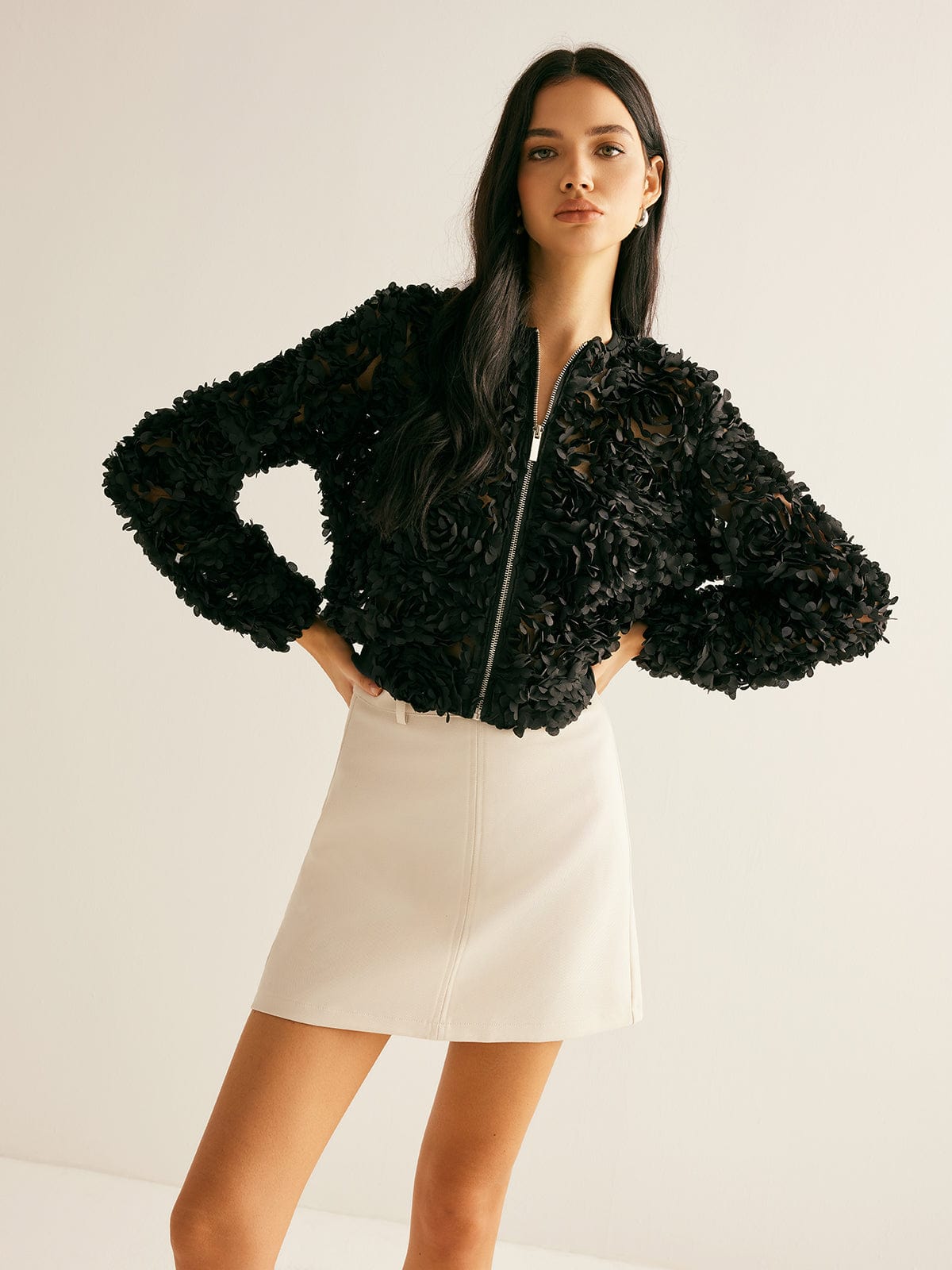 Black Floral Textured Short Blazer with Zipper