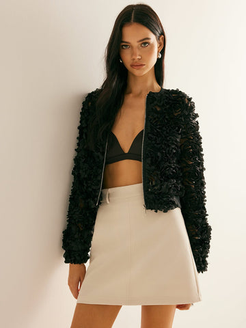 Black Floral Textured Short Blazer with Zipper