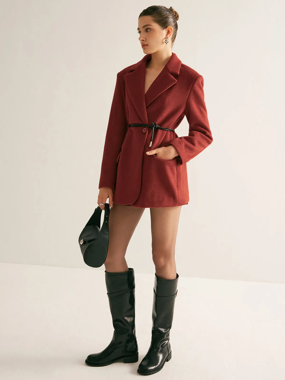 Wool Blend Belted Blazer with Shoulder Pads