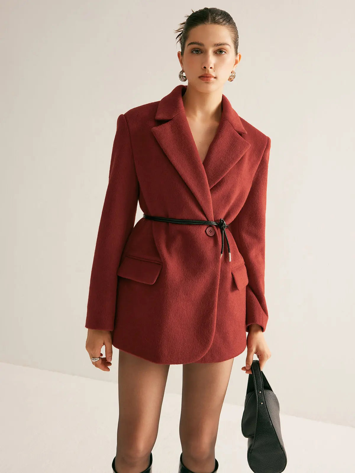 Wool Blend Belted Blazer with Shoulder Pads