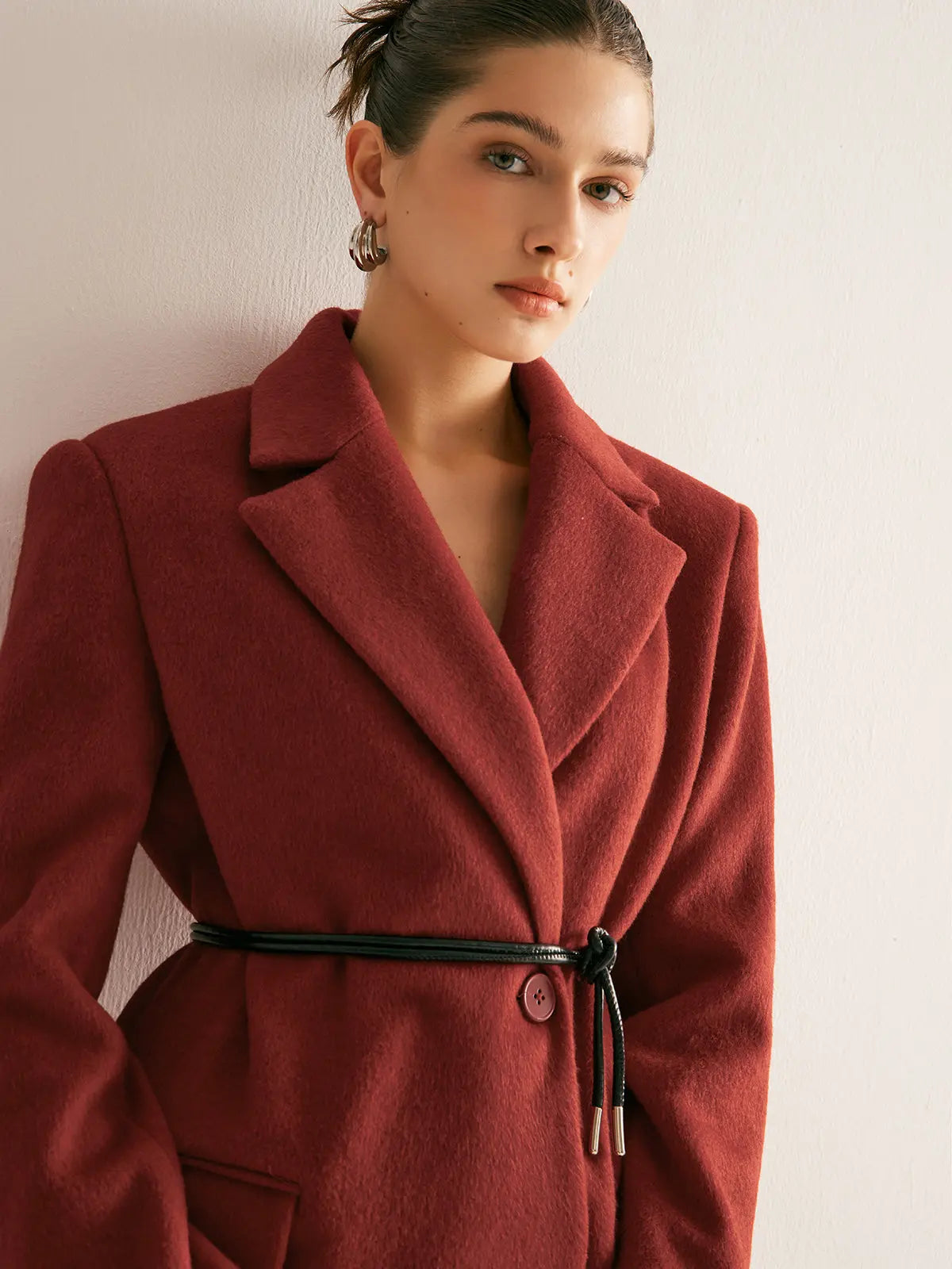 Wool Blend Belted Blazer with Shoulder Pads