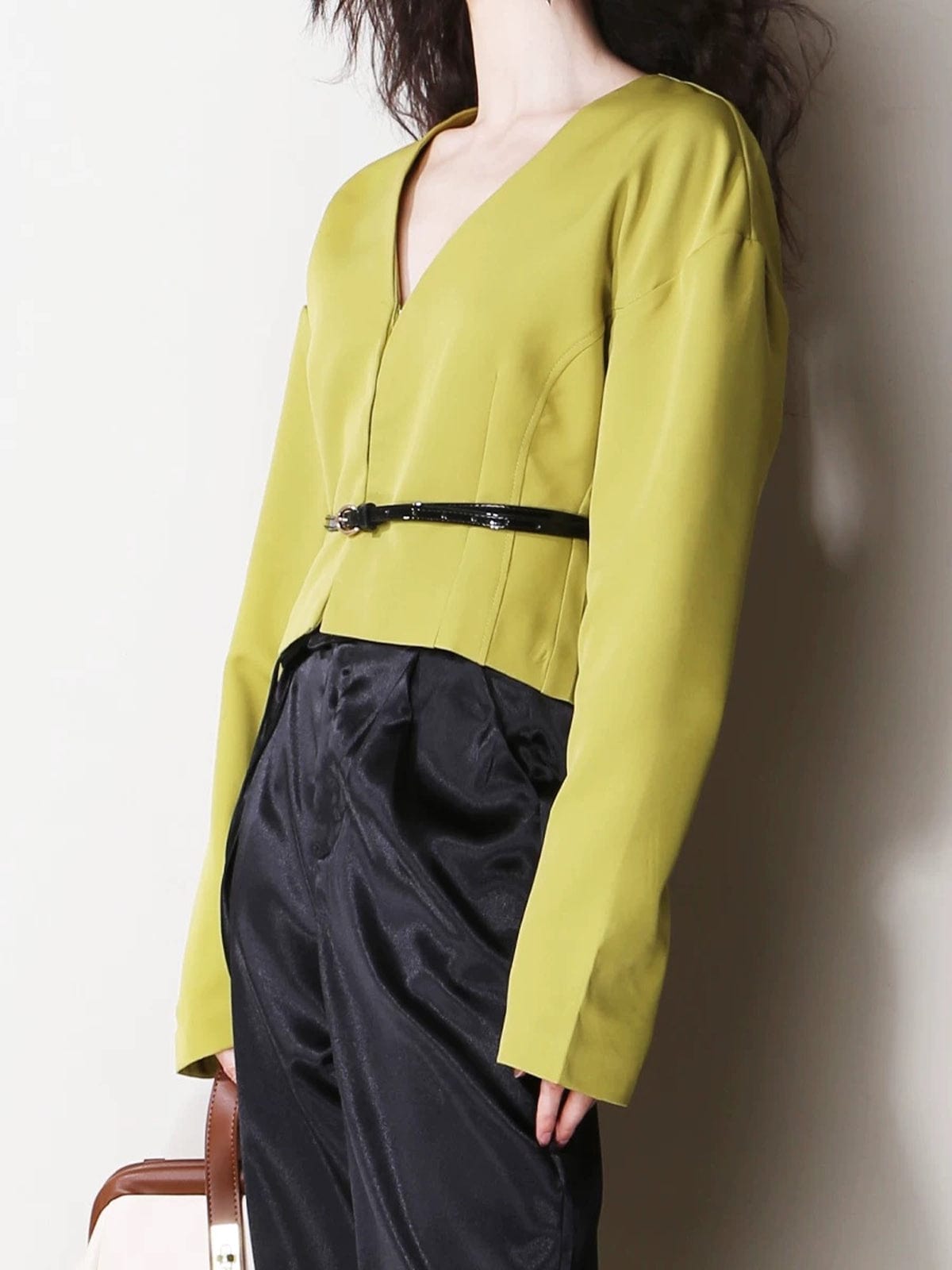 Cropped V-Neck Blazer with Slim Belt for Women