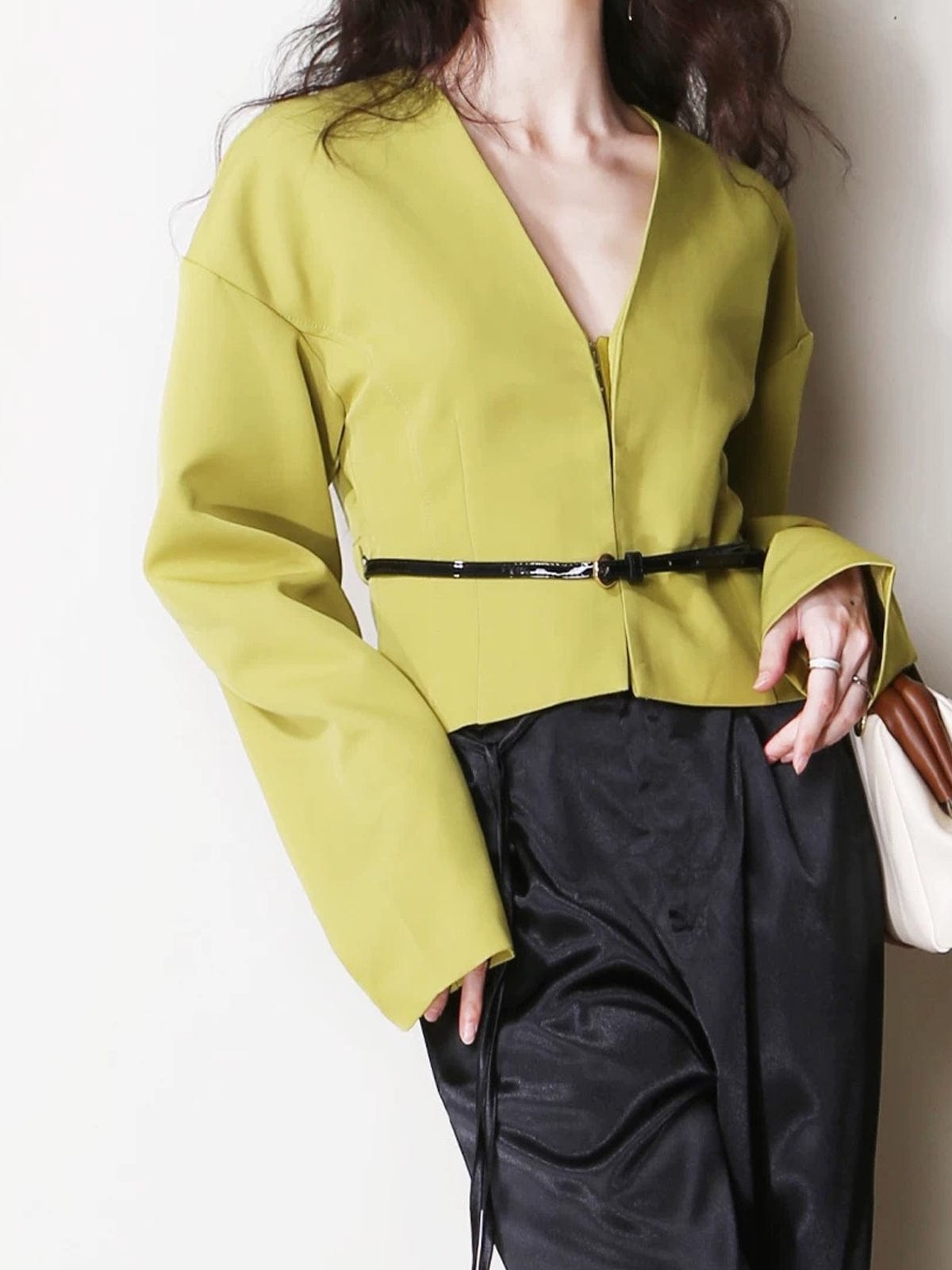 Cropped V-Neck Blazer with Slim Belt for Women