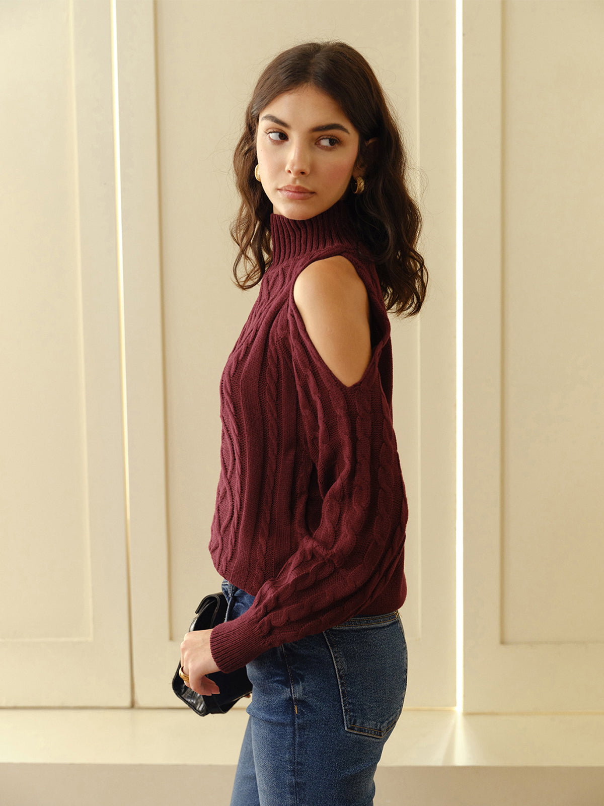 Off-the-Shoulder Checked Sweater