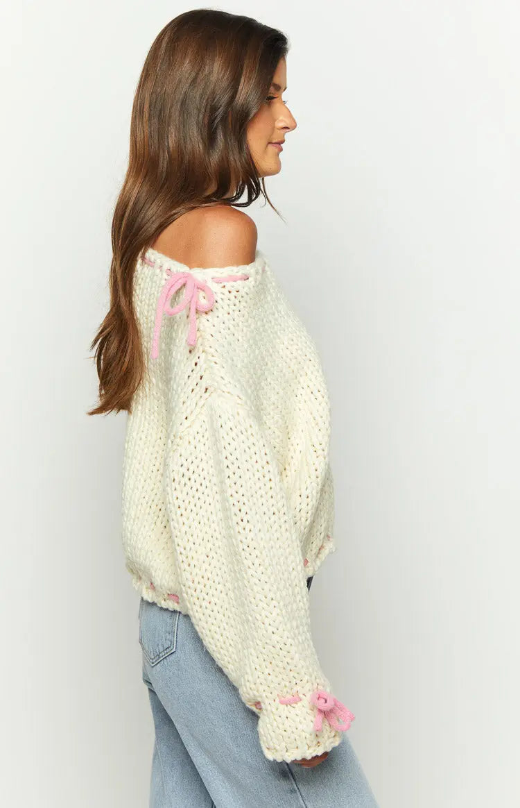 One Shoulder Chunky Knit Pullover with Pink Bow Accents