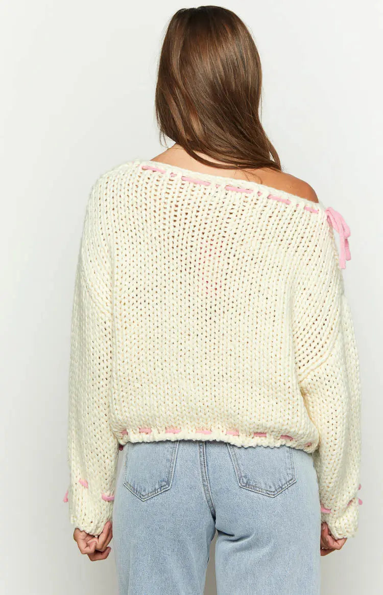 One Shoulder Chunky Knit Pullover with Pink Bow Accents