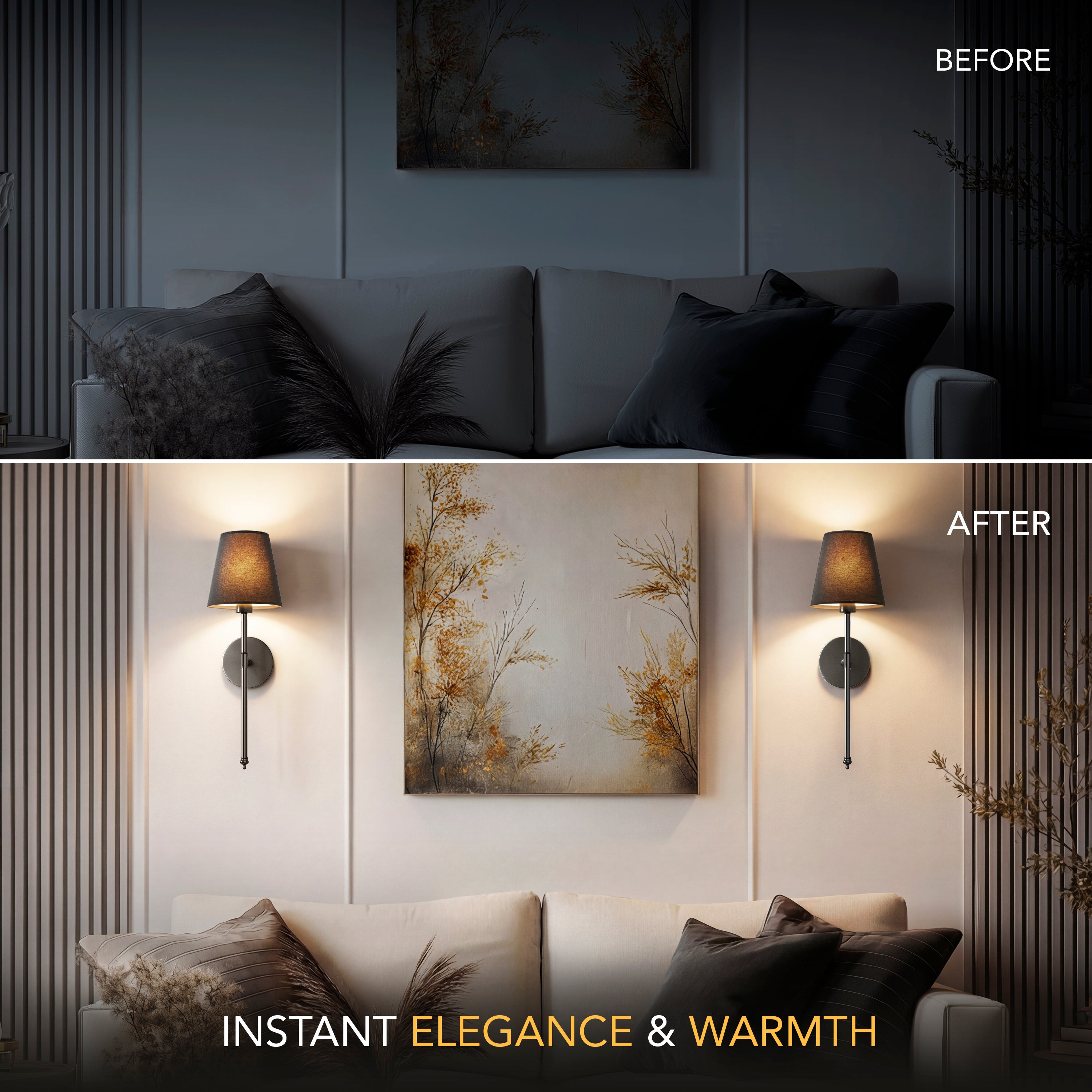 Set of 2 Wireless Wall Sconces with Fabric Shade | Gold, Black & Silver