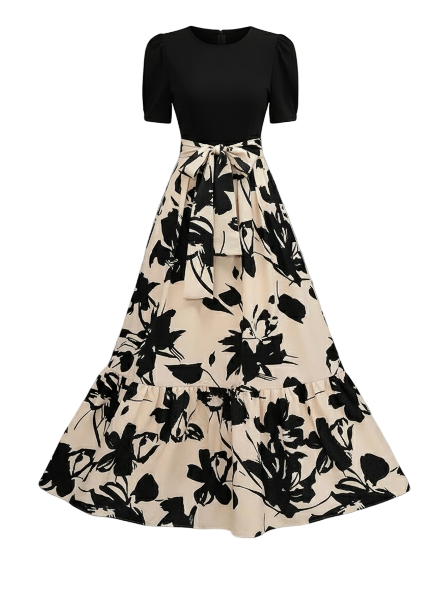 Women’s Printed Midi Dress with Belt – Crew Neck, Short Sleeve