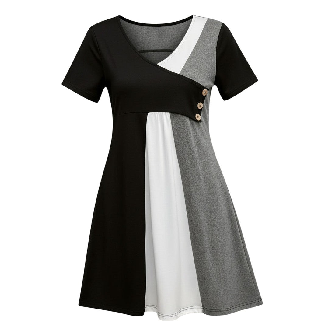 Women’s V-Neck Colour-Block Button Dress – Short Sleeve