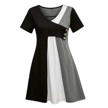 Women’s V-Neck Colour-Block Button Dress – Short Sleeve