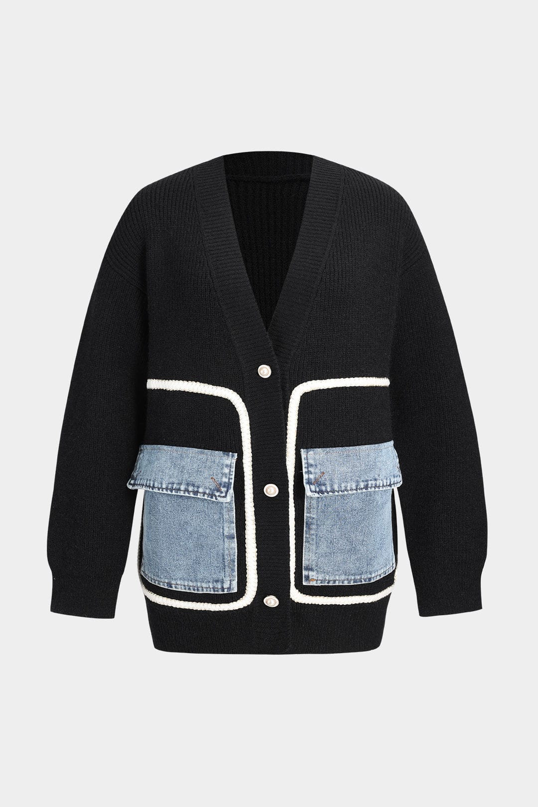 Black Knit Cardigan with Denim Patches – Perfect Blend of Comfort and Style