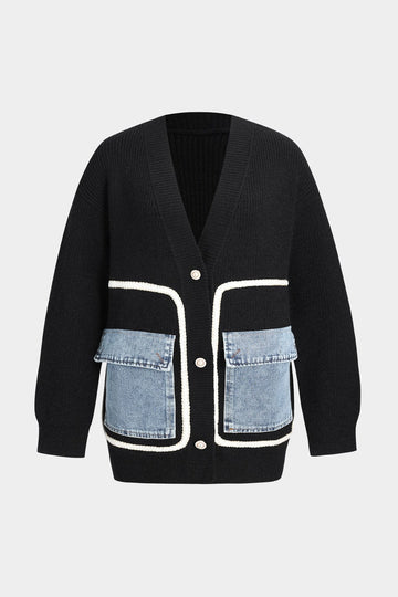 Black Knit Cardigan with Denim Patches – Perfect Blend of Comfort and Style