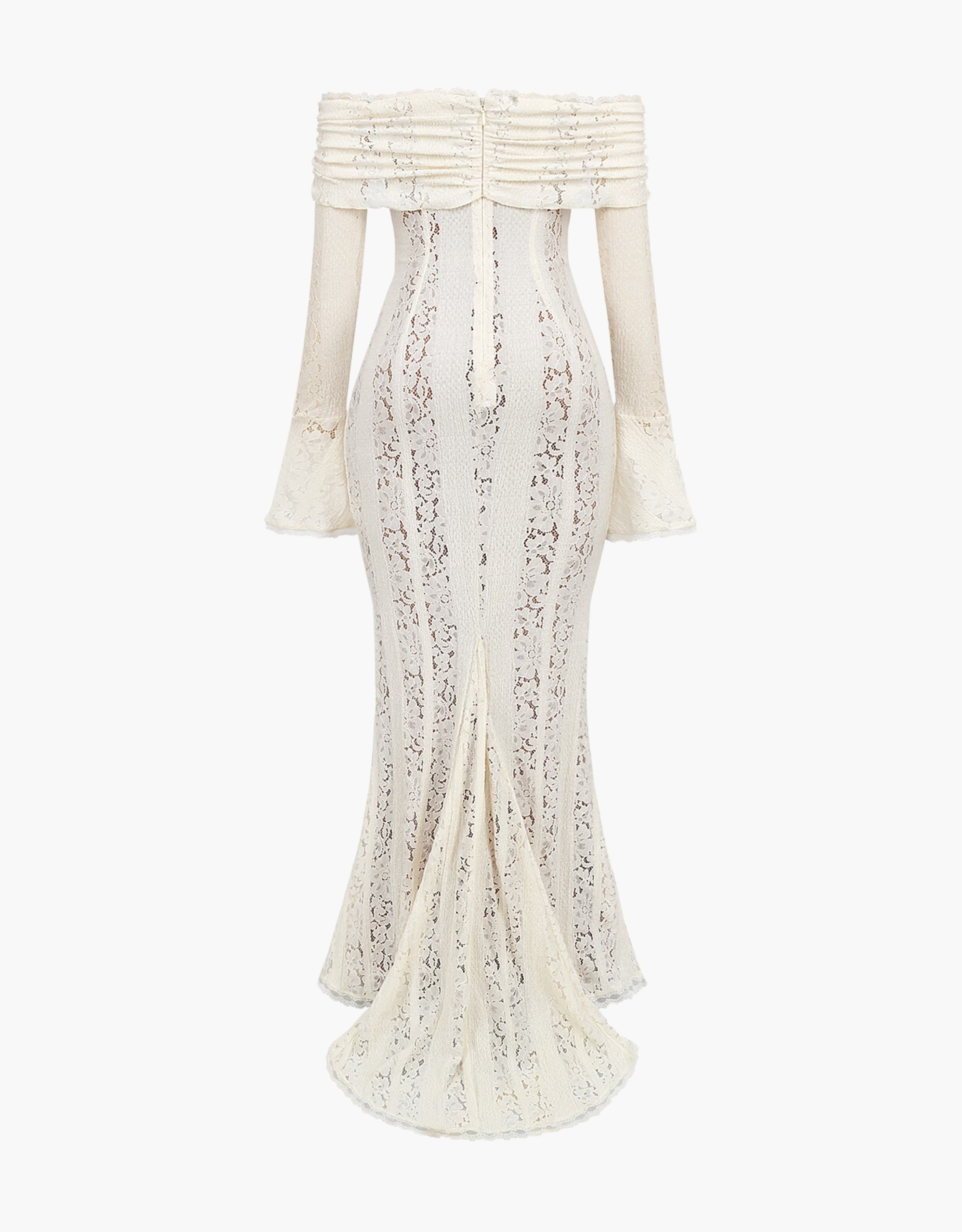 Off-the-Shoulder Lace Evening Gown with Long Sleeves