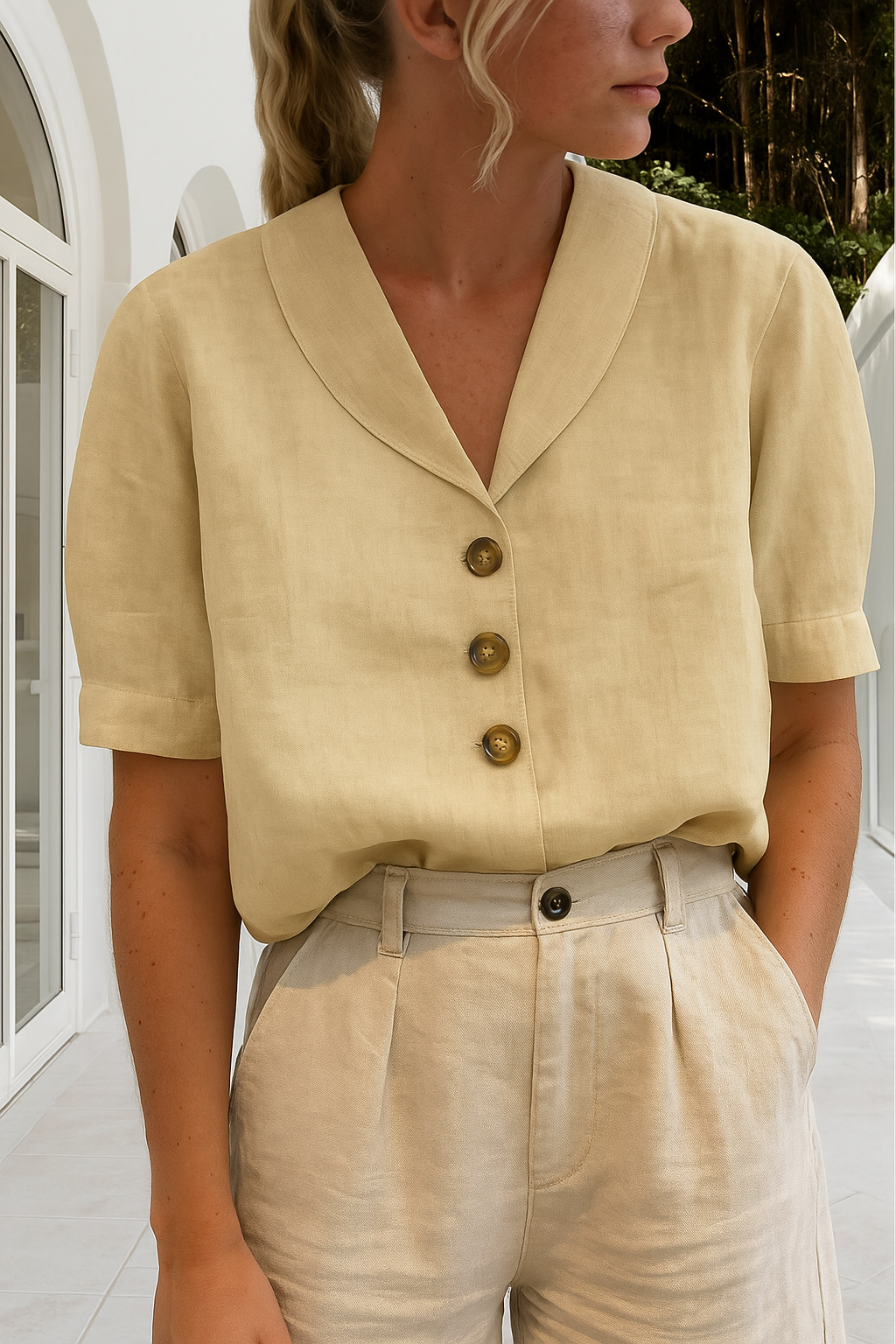 Short Sleeve Linen Blouse with Button Placket