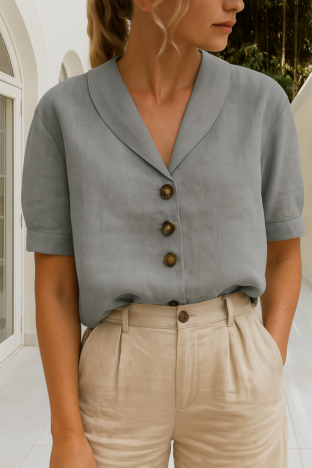 Short Sleeve Linen Blouse with Button Placket