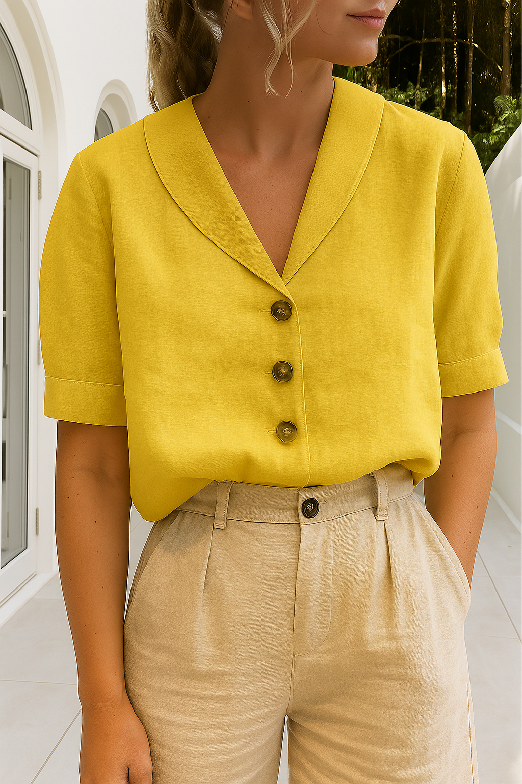 Short Sleeve Linen Blouse with Button Placket