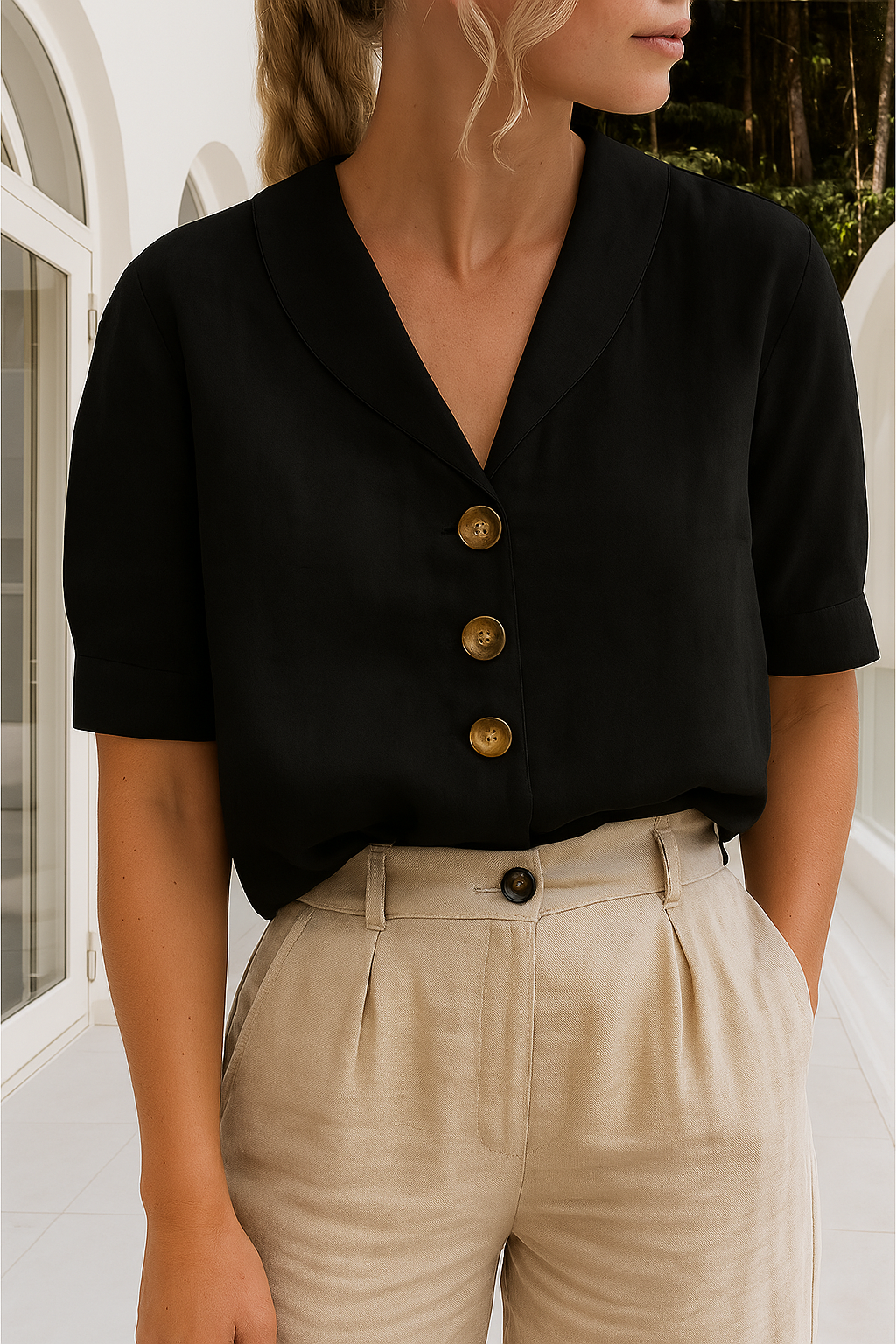 Short Sleeve Linen Blouse with Button Placket
