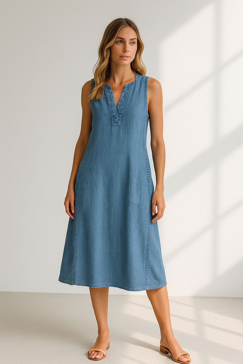 Sleeveless V-Neck Denim A-Line Dress