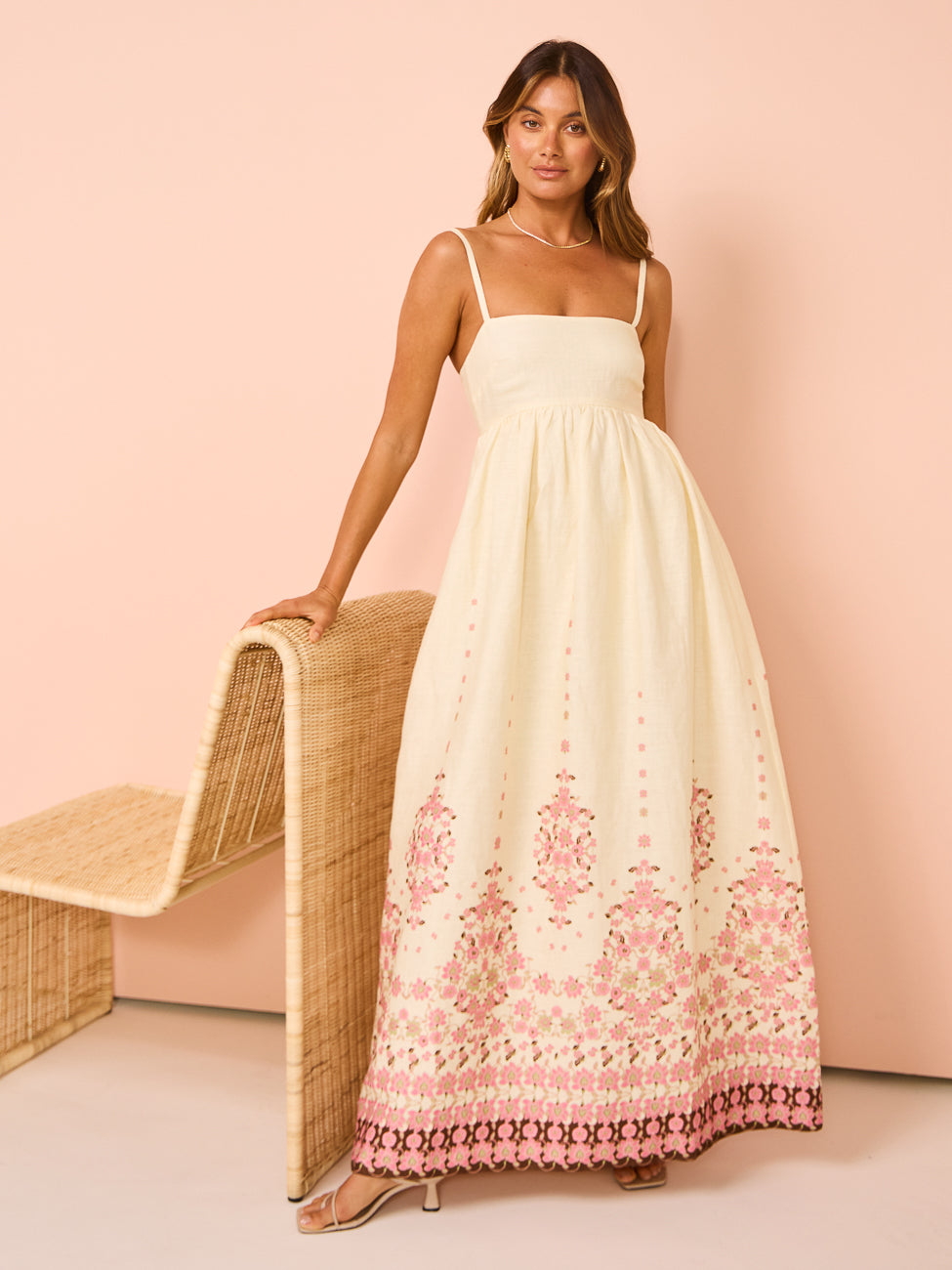 Embroidered Boho Maxi Dress with Spaghetti Straps