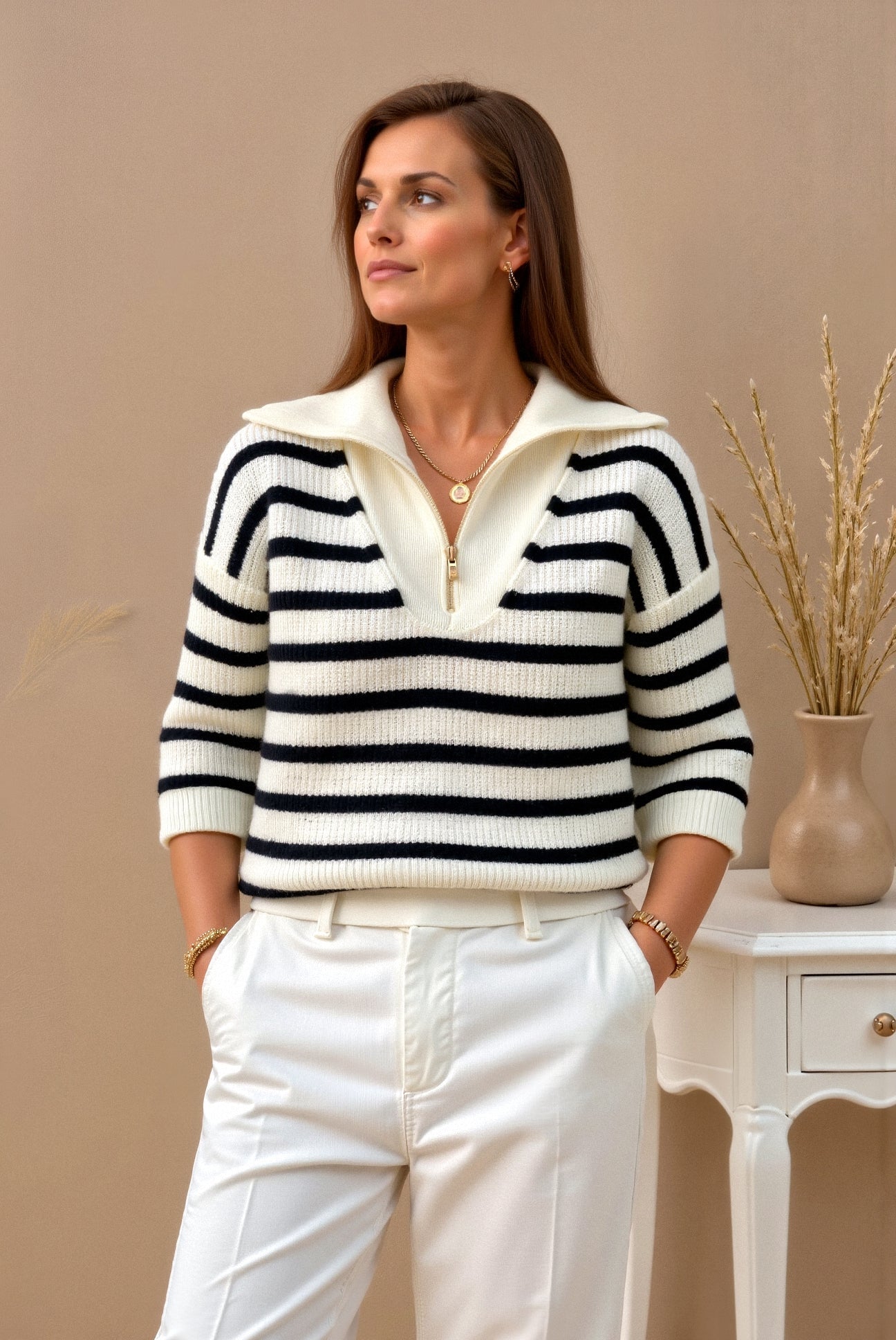 Striped Women's Zipper Collar Sweater