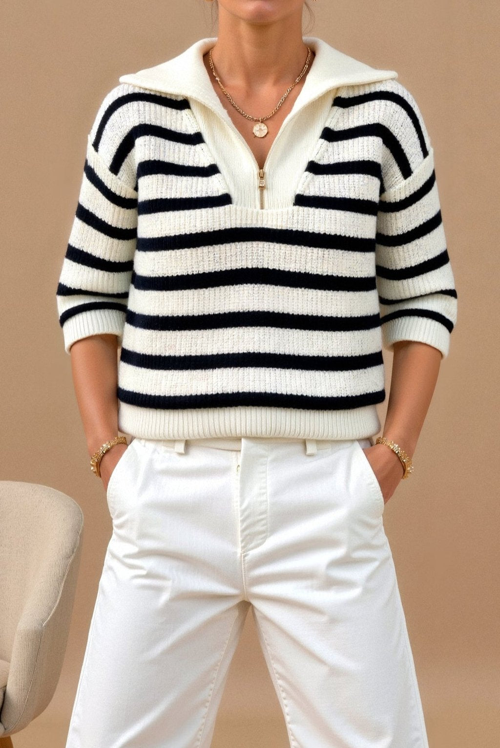 Striped Women's Zipper Collar Sweater
