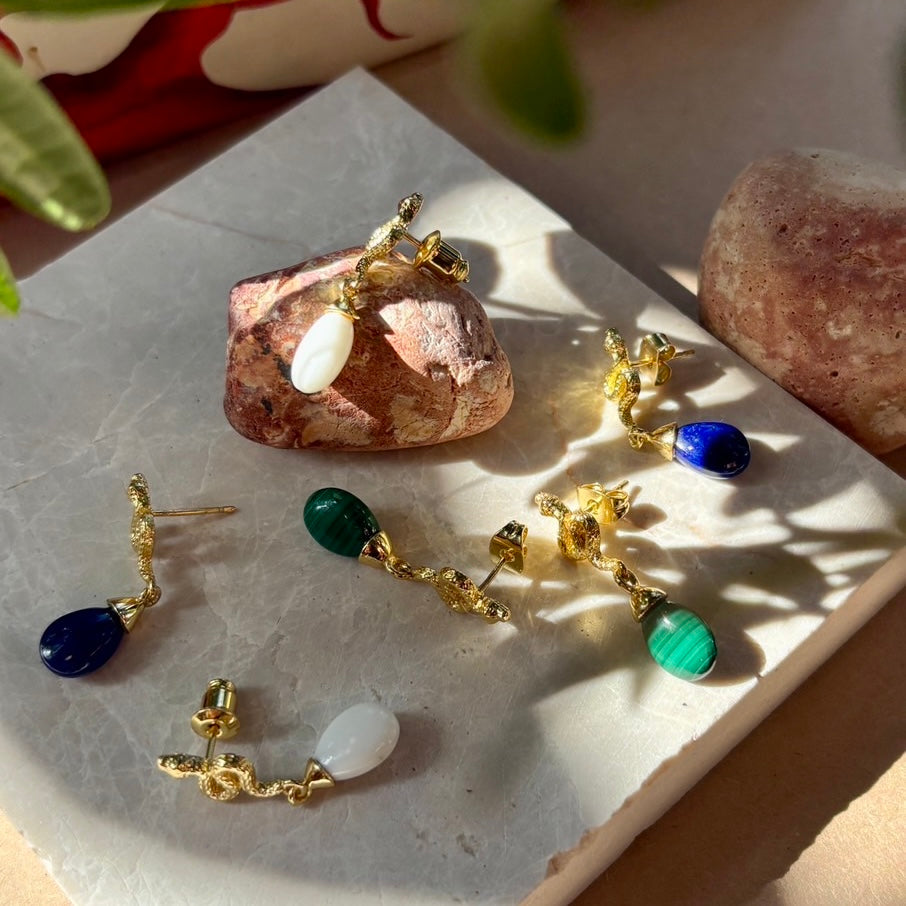 Artisan gemstone jewellery featuring lapis lazuli drop earrings in luxury presentation box