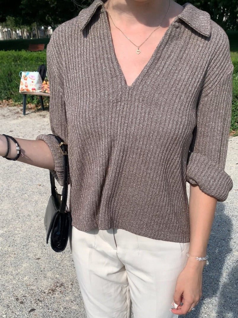 Collared Ribbed Knit Sweater