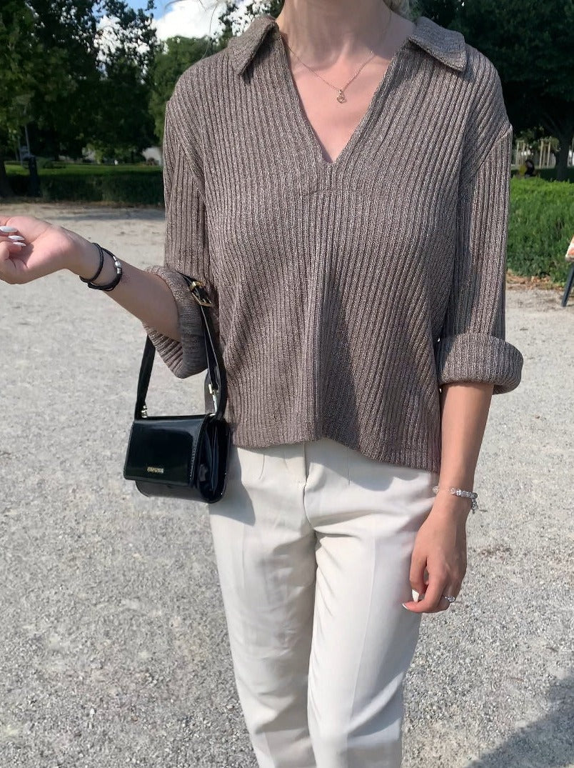 Collared Ribbed Knit Sweater