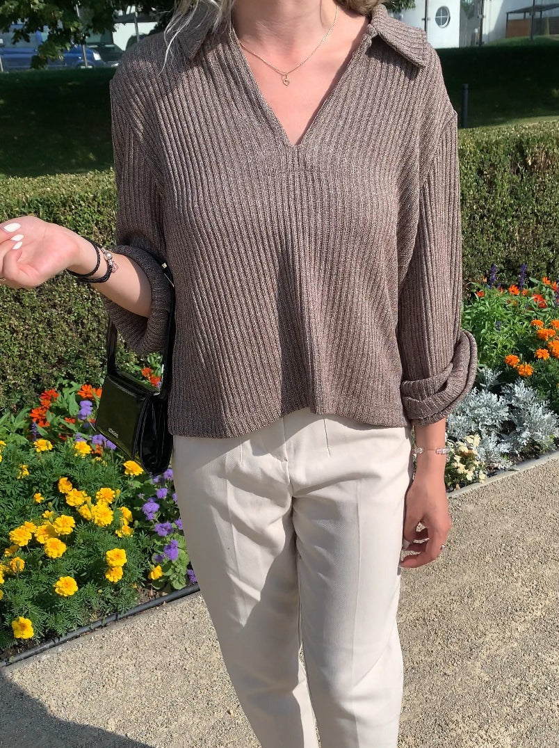 Collared Ribbed Knit Sweater