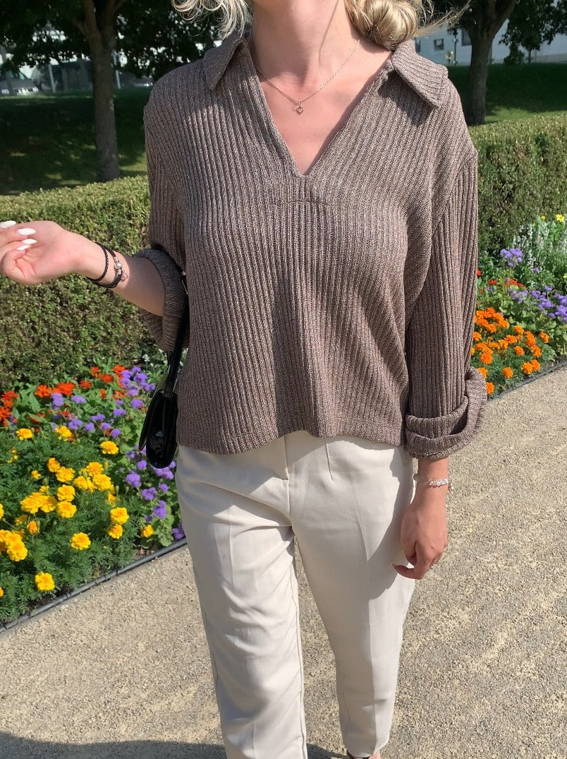 Collared Ribbed Knit Sweater