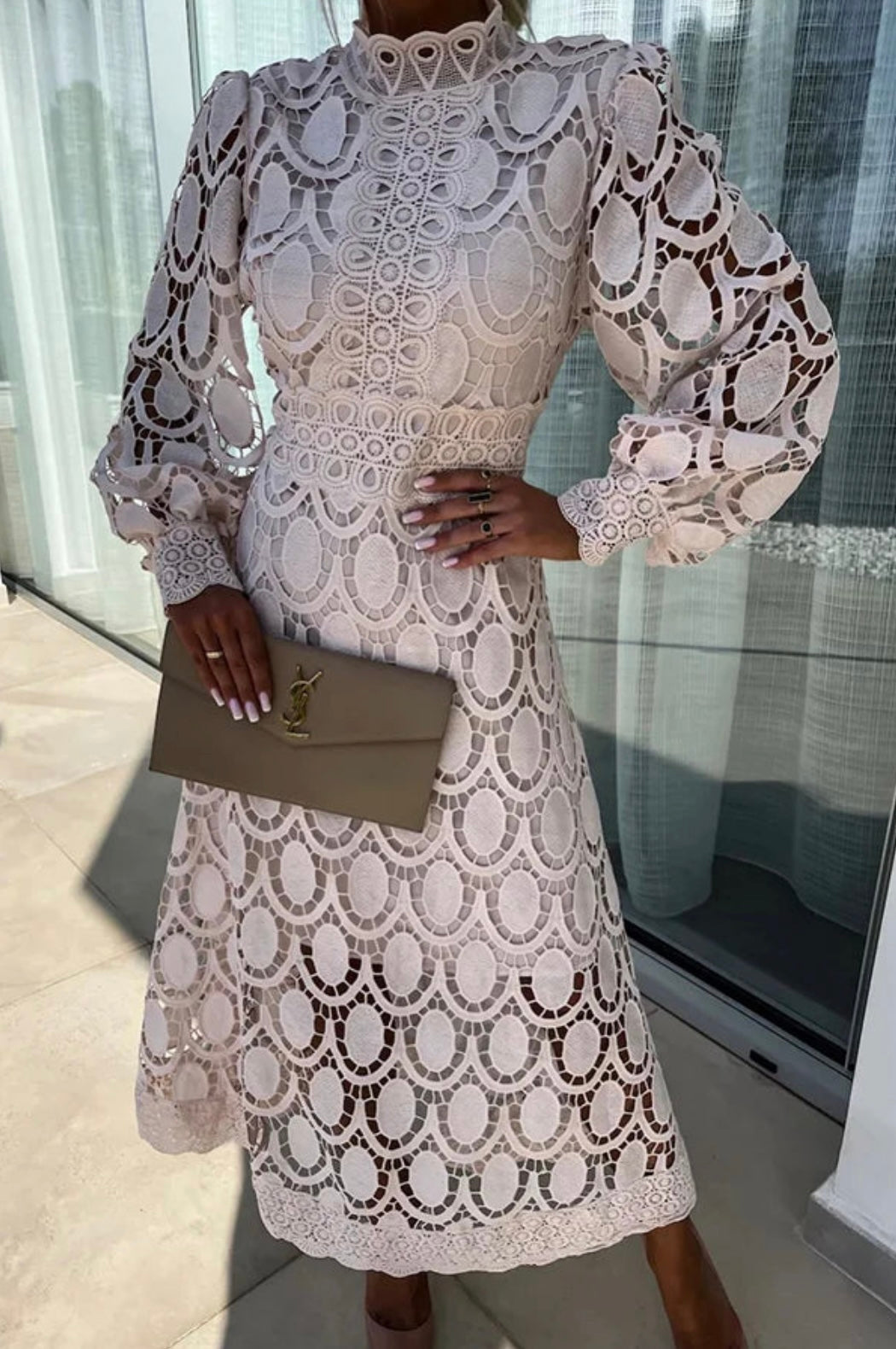 Lace Dress with Stand-Up Collar & Sheer Details