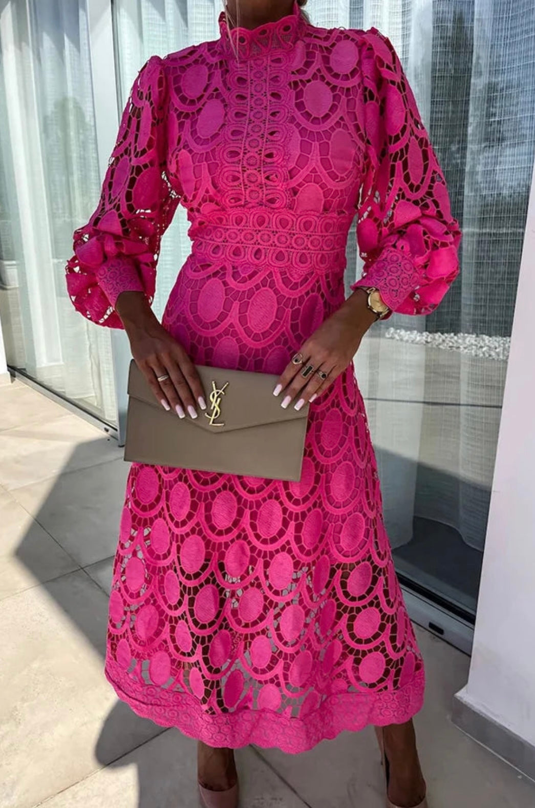 Lace Dress with Stand-Up Collar & Sheer Details