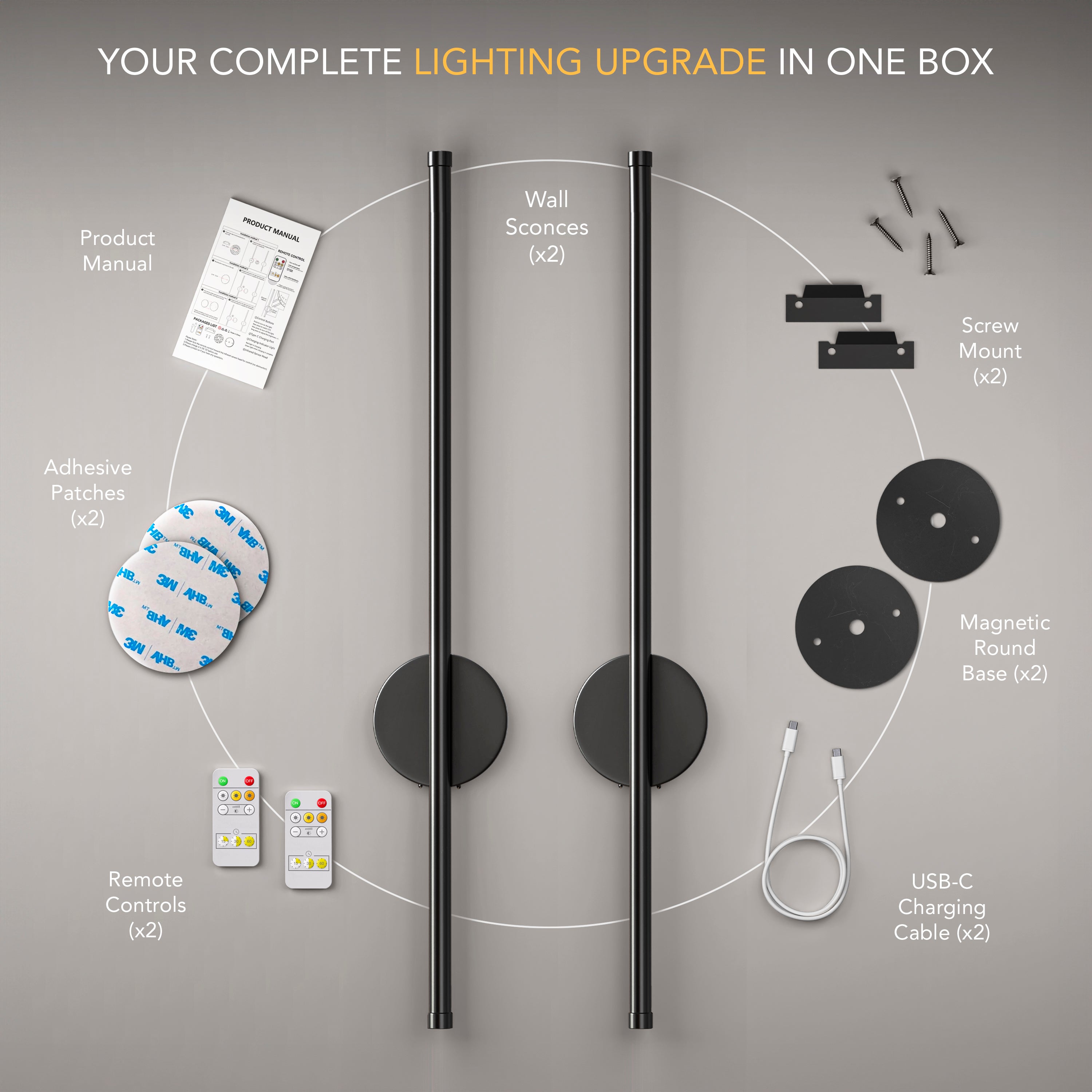 Set of 2 Wireless Rechargeable Wall Lights | Modern Black LED