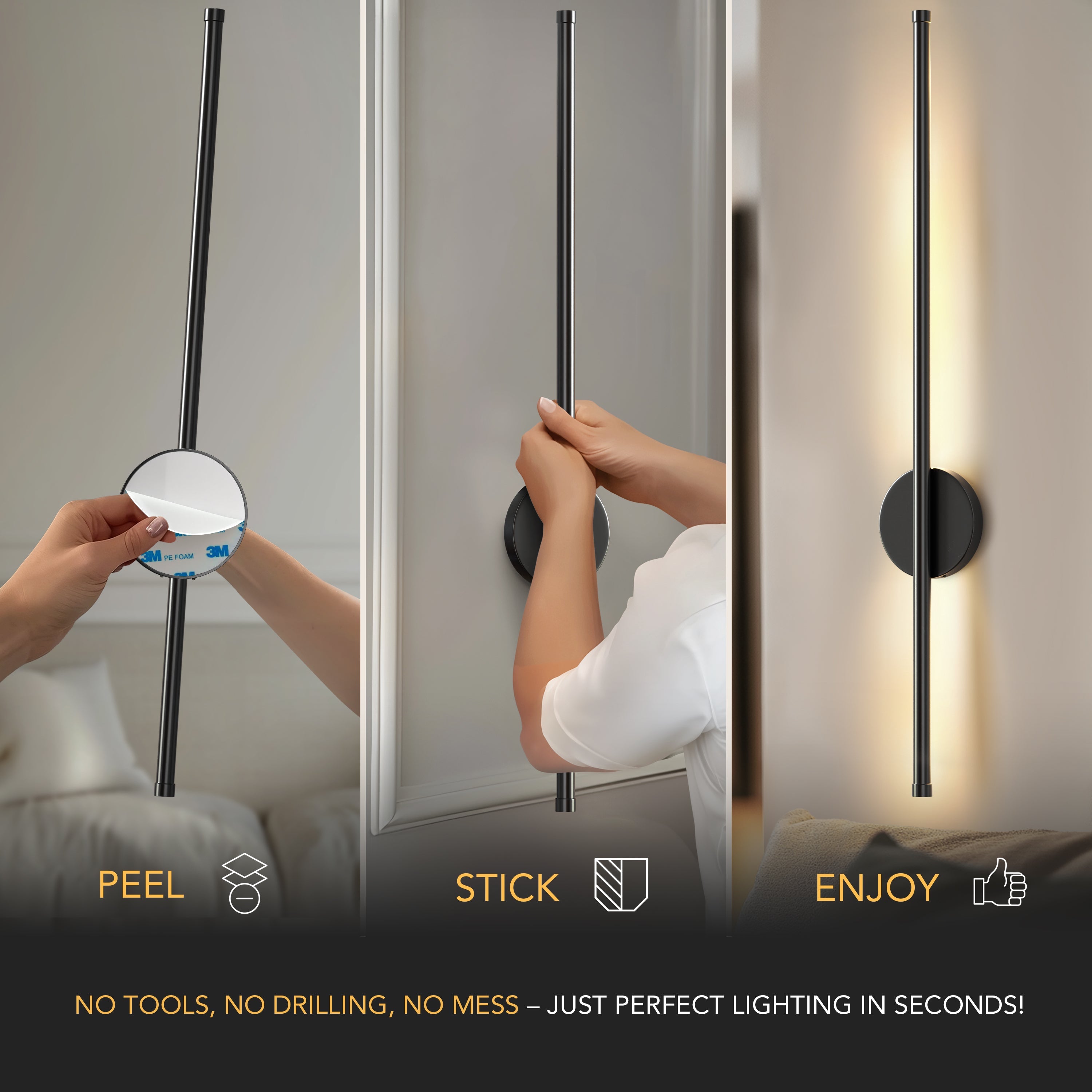 Set of 2 Wireless Rechargeable Wall Lights | Modern Black LED