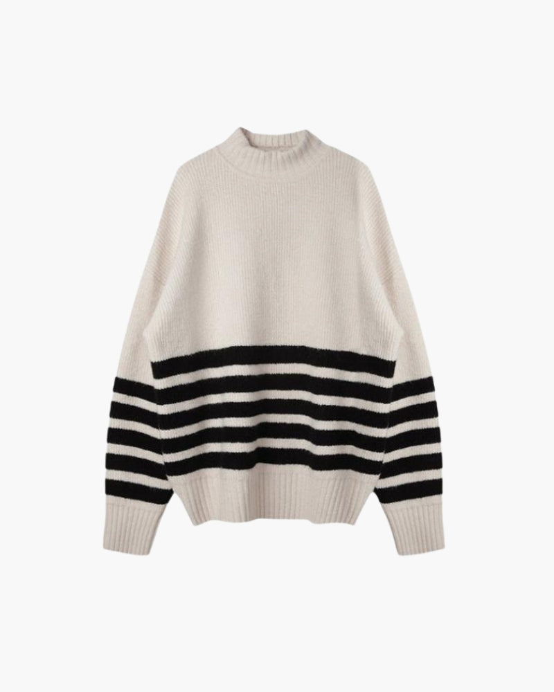High Neck Black Striped Plus Size Sweater