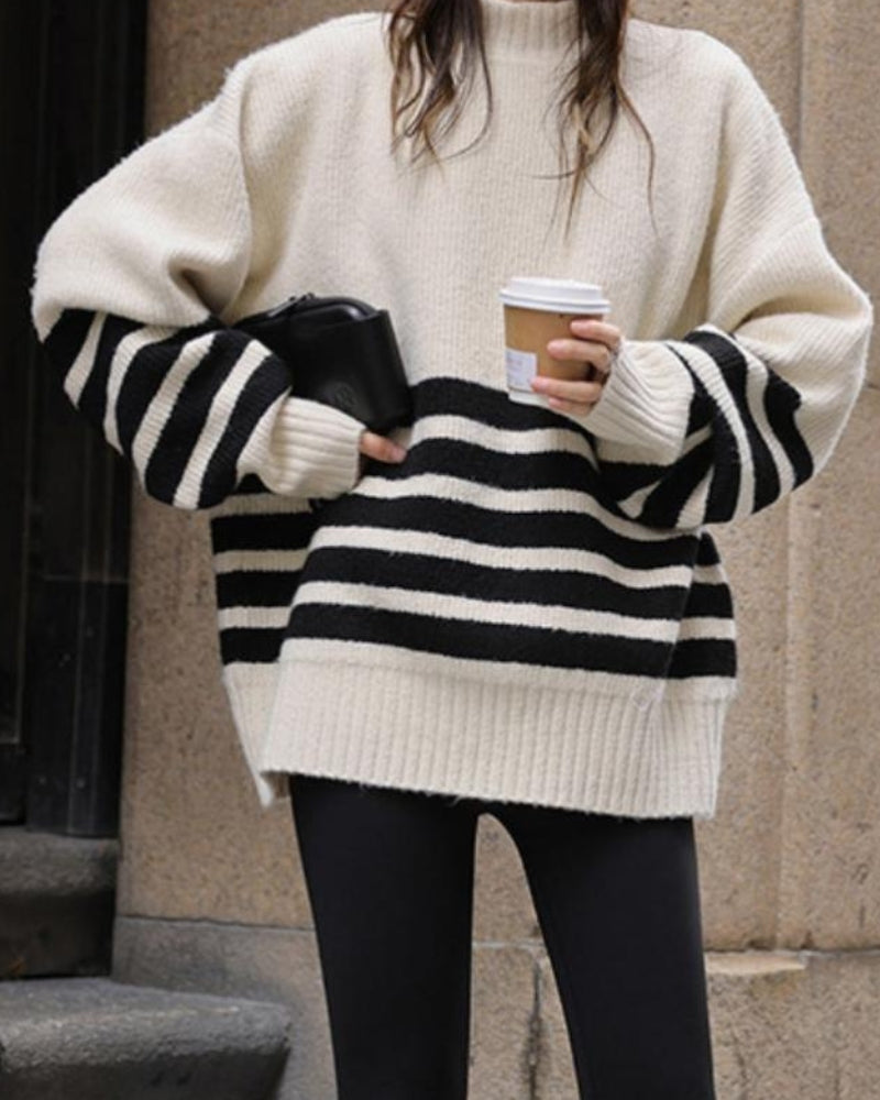High Neck Black Striped Plus Size Sweater