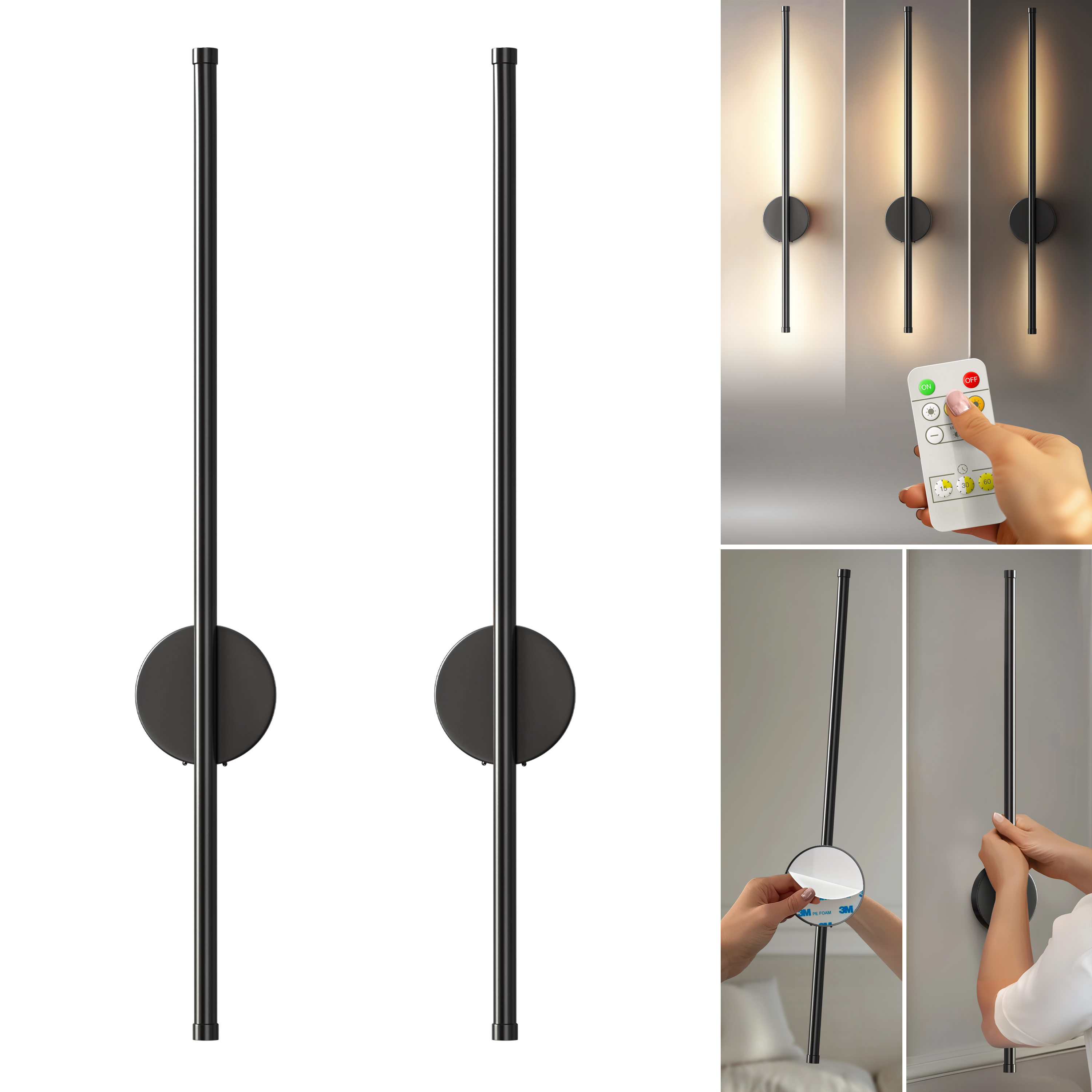 Set of 2 Wireless Rechargeable Wall Lights | Modern Black LED