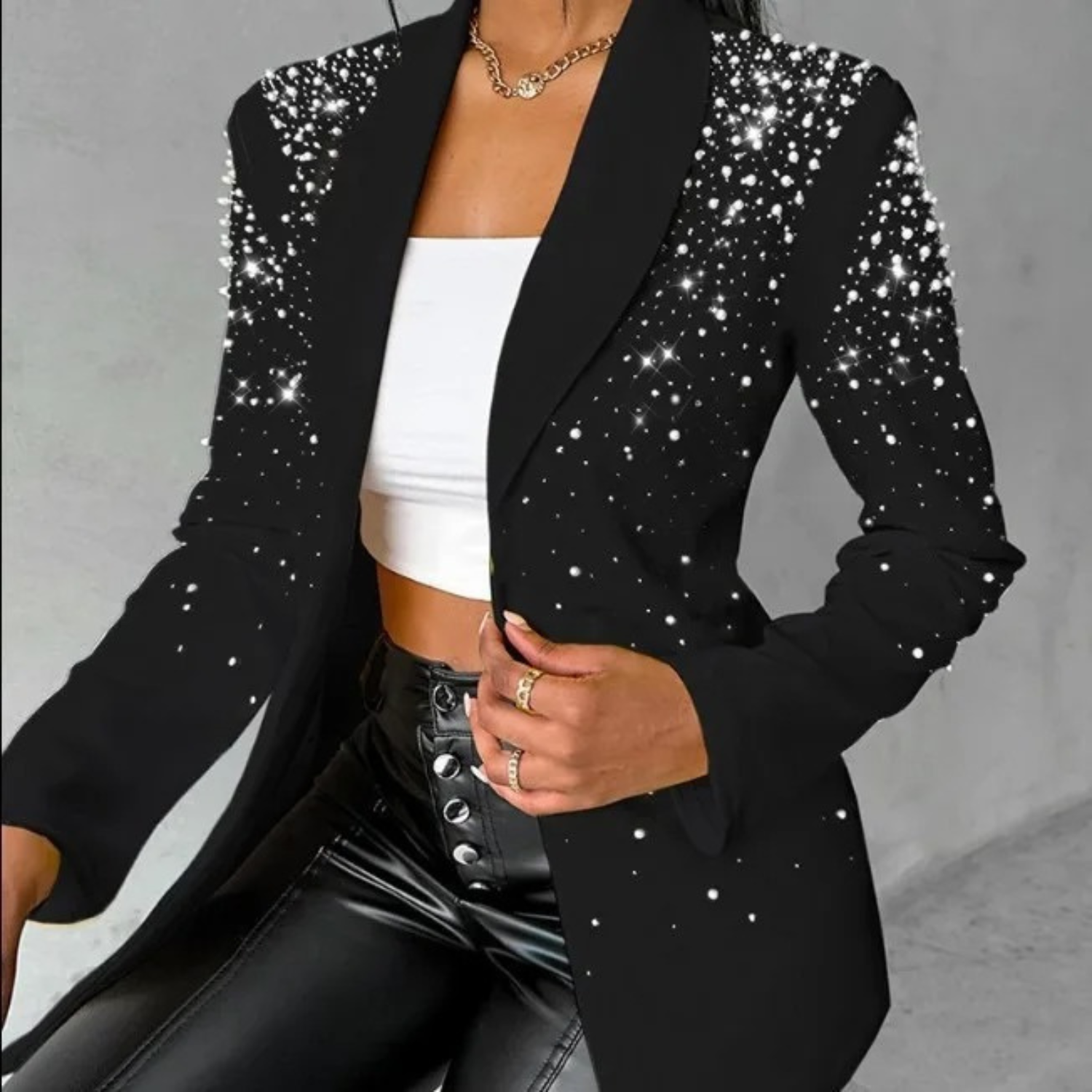 Pearl-Decorated One-Button Women's Blazer