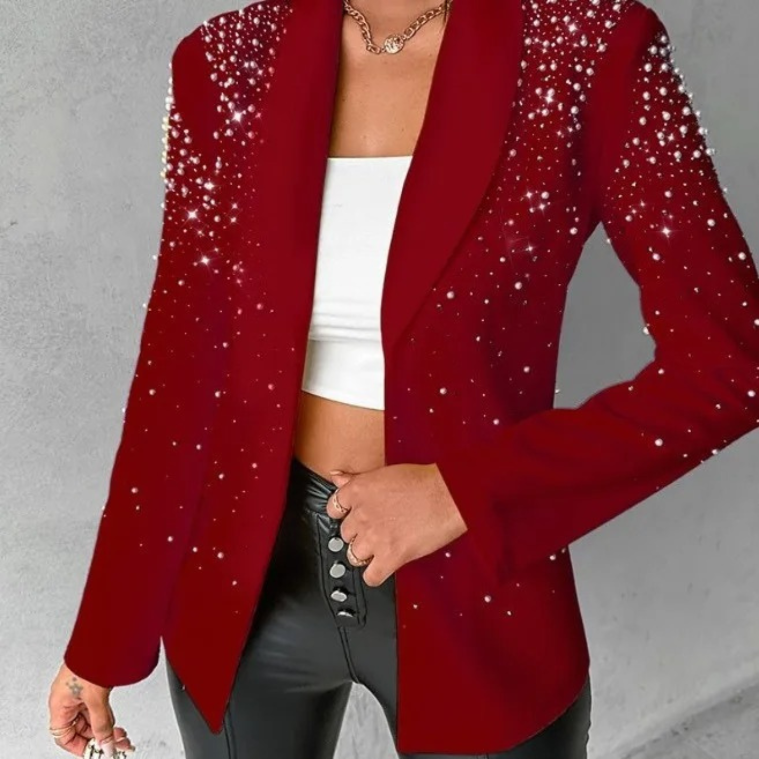 Pearl-Decorated One-Button Women's Blazer