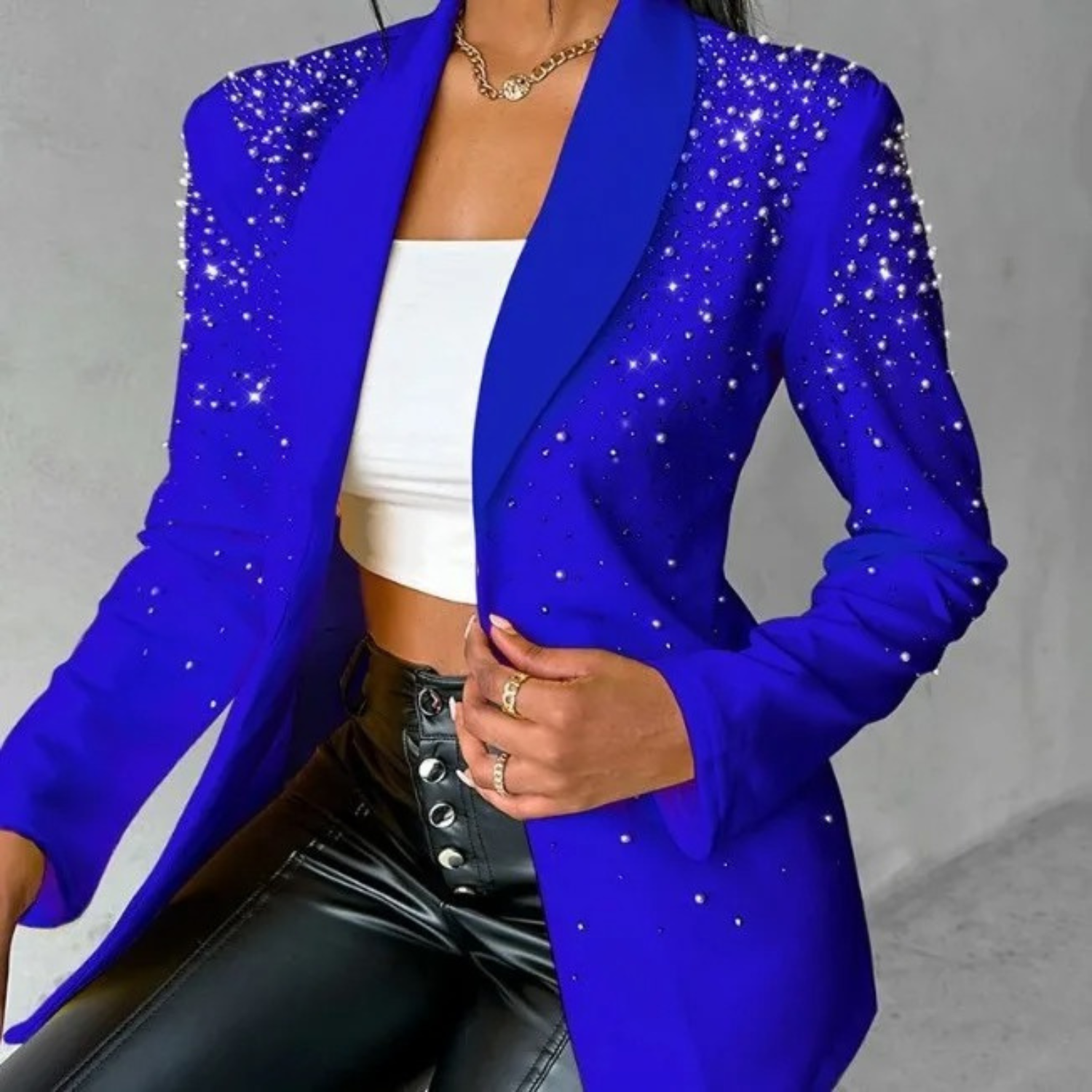 Pearl-Decorated One-Button Women's Blazer