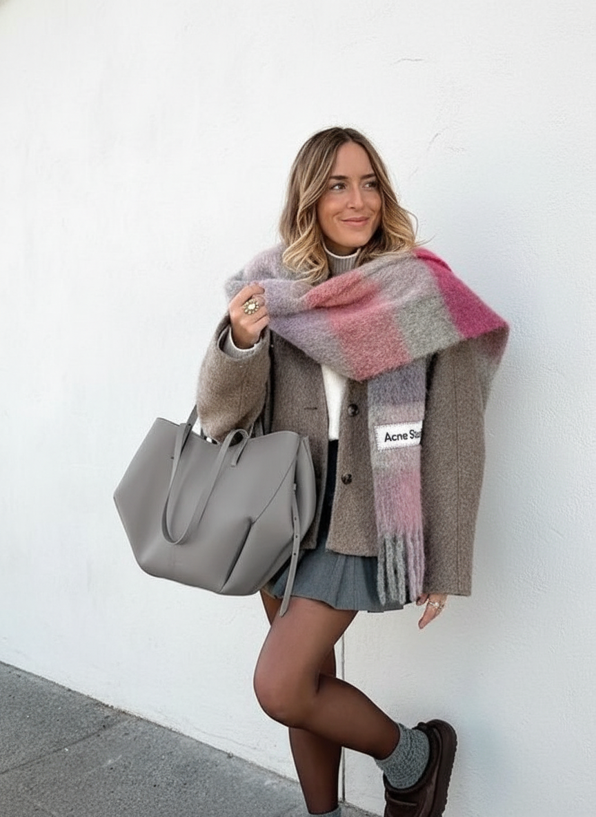 Grey leather handbag - alternate angle showing versatile design for work and travel